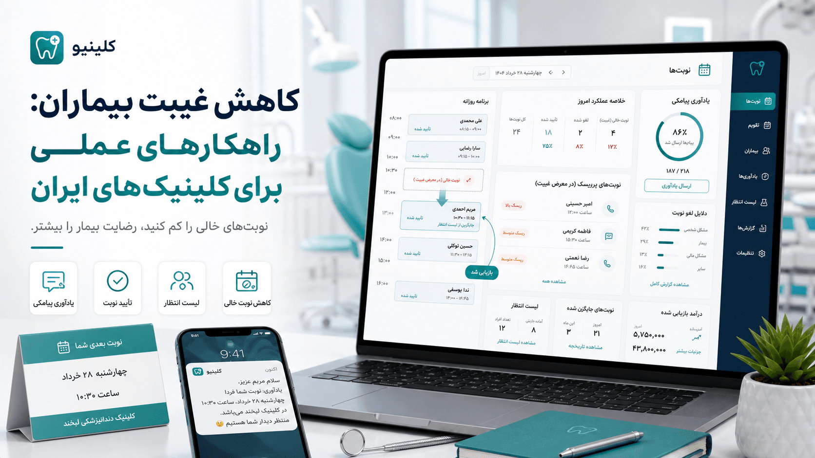 داشبورد کاهش غیبت بیماران با یادآوری پیامکی، تأیید نوبت، لیست انتظار و بازیابی نوبت خالی