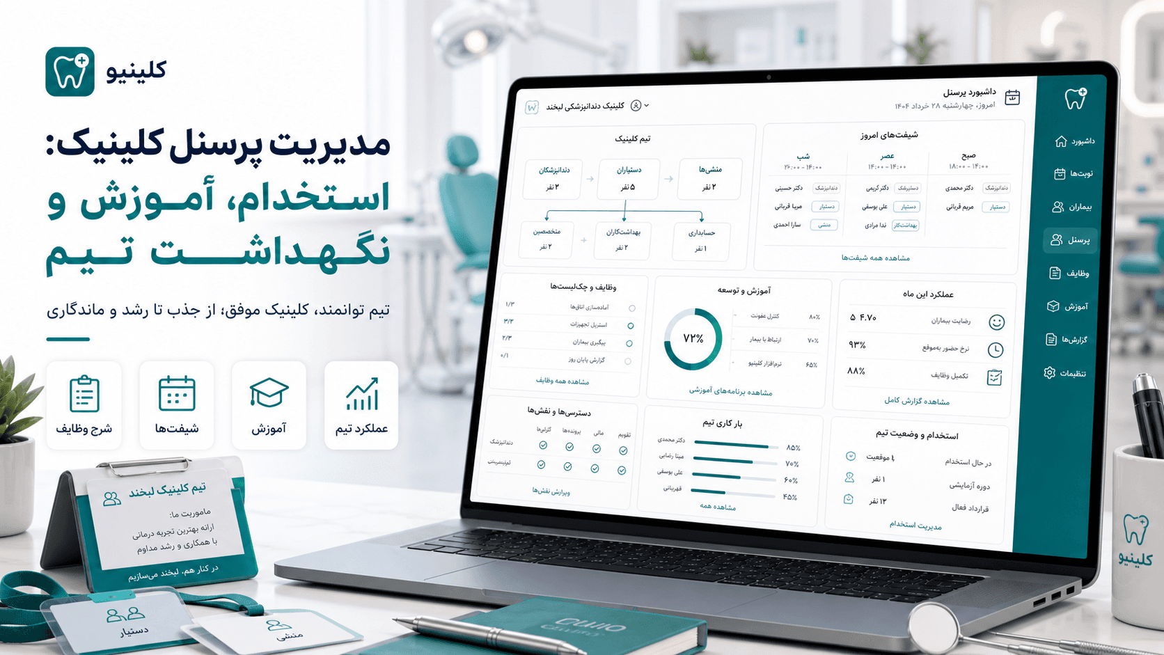 داشبورد مدیریت تیم کلینیک با شیفتها، شرح وظایف، آموزش، دسترسی نقشها و عملکرد پرسنل