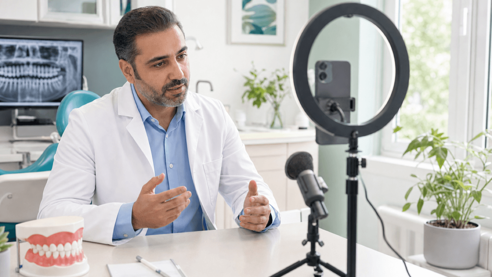 پزشک کلینیک در حال ضبط ویدیوی آموزشی عمودی با موبایل، نور ساده و میکروفون