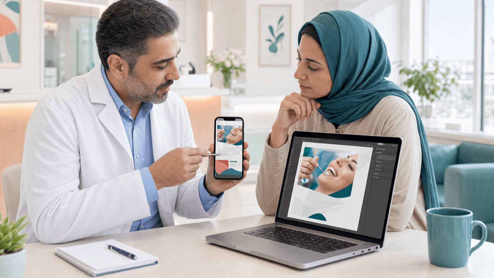 پزشک و مدیر محتوا در حال بازبینی قانونی یک تبلیغ اینستاگرامی کلینیک پیش از انتشار