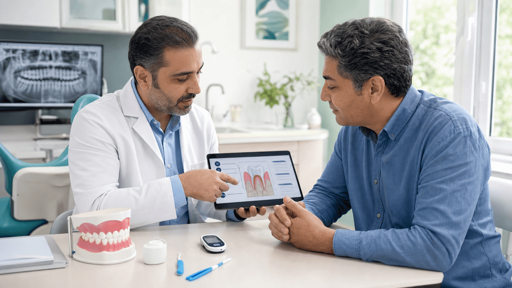 دندانپزشک در حال توضیح سلامت لثه و پیگیری بیمار دیابتی با کمک پرونده دیجیتال