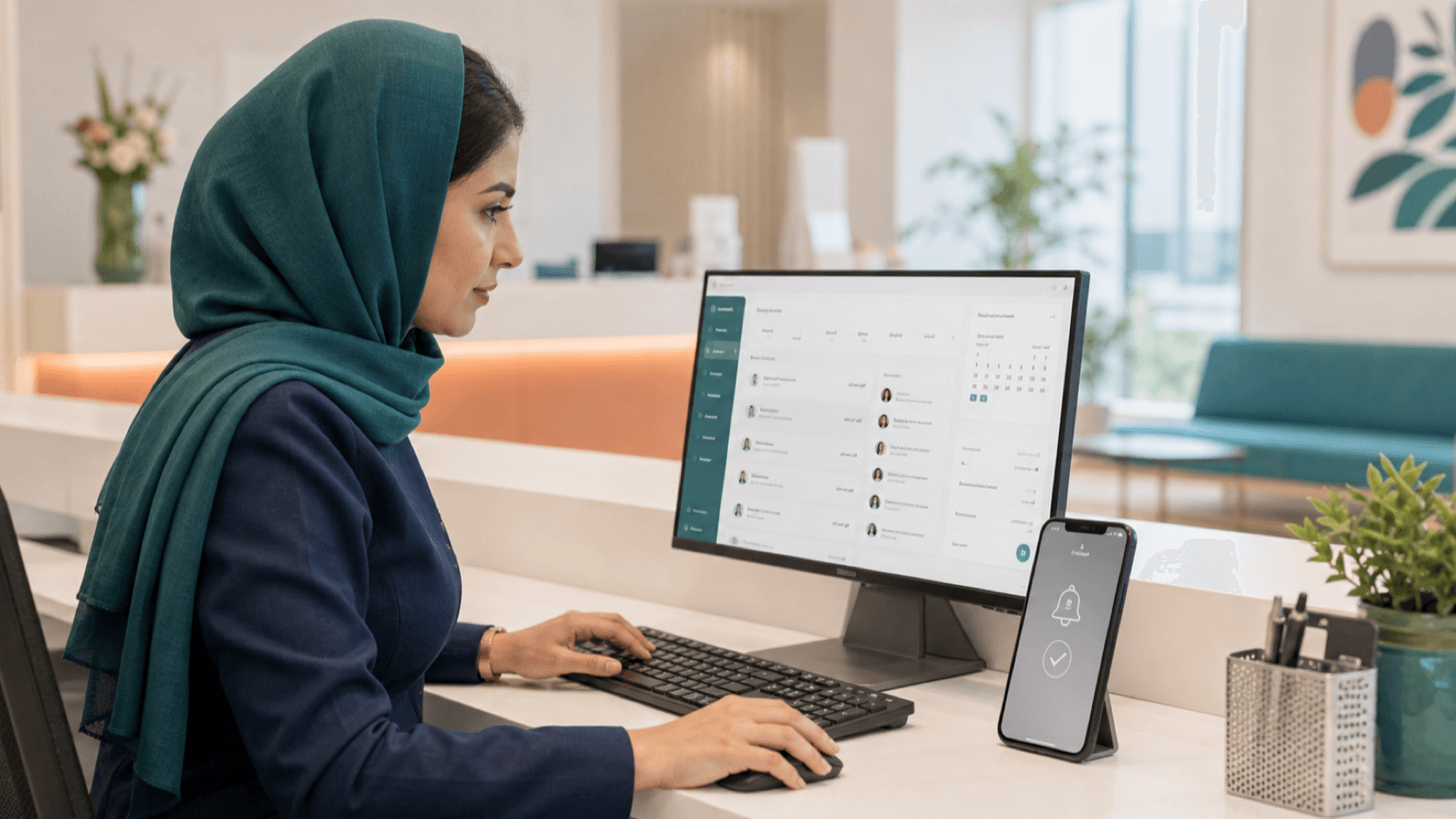 منشی کلینیک در حال زمانبندی پیامک یادآوری نوبت برای کاهش کنسلی و غیبت