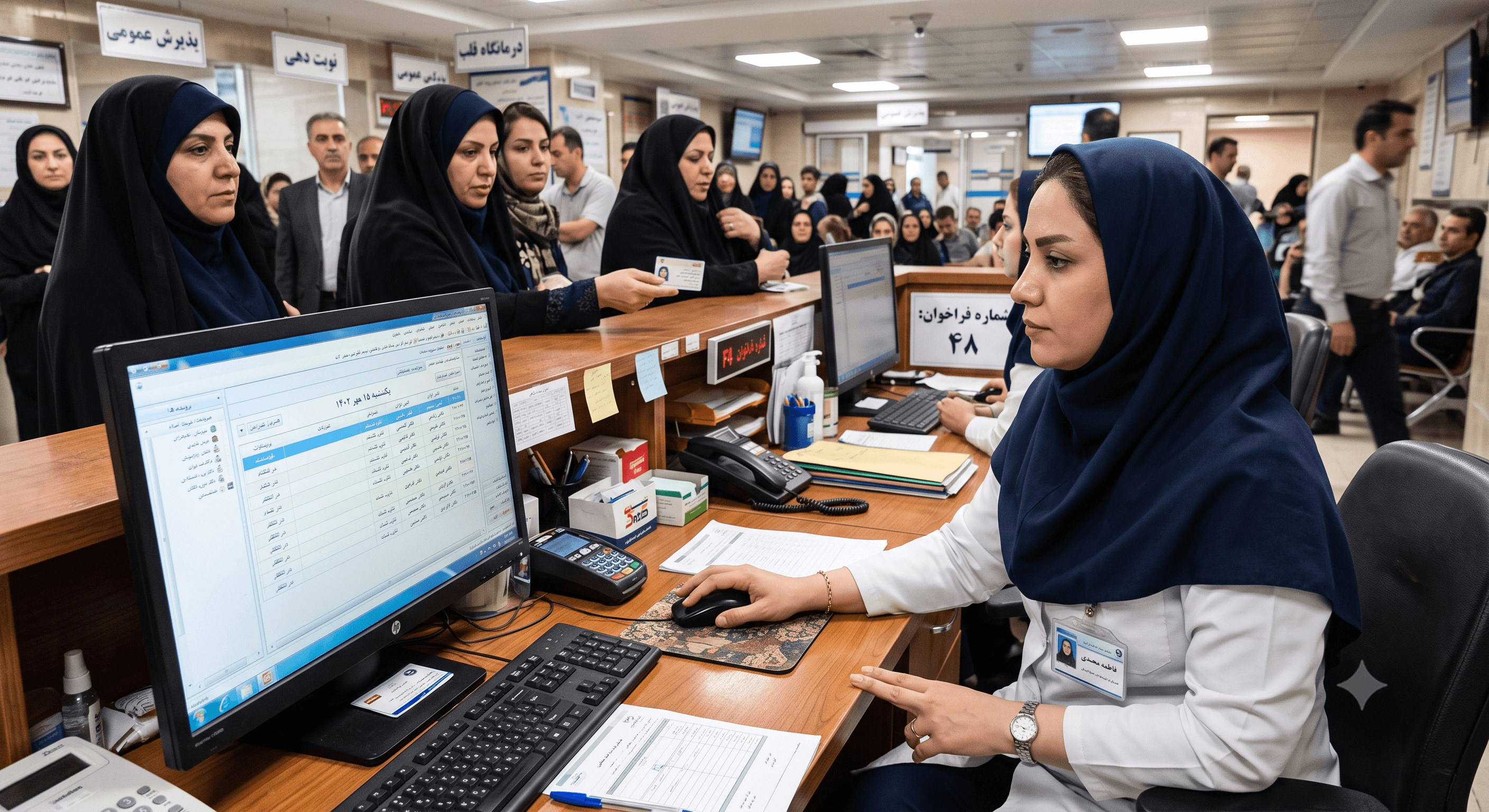 میز پذیرش کلینیک با نرمافزار نوبتدهی روی مانیتور